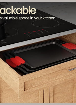 Baking Pan Set – 3 Piece Cookie Sheet – Deluxe Black Non-Stick Carbon Steel – Silicone Handles – Commercial Grade Restaurant Quality – PFOA PFOS and PTFE Free by Bakken