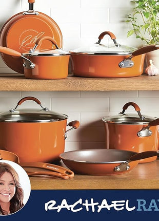 Rachael Ray Cucina Nonstick Cookware Pots and Pans Set, 12 Piece, Pumpkin Orange
