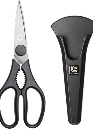 Linoroso Kitchen Shears Heavy Duty Kitchen Scissors with Magnetic Holder, Dishwasher Safe Scissors All Purpose Come Apart Blade Made with Japanese Steel 4034 for Meat/Vegetables/BBQ/Herbs, Black