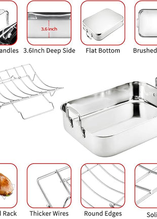 JY COOKMENT Roasting Pan with Baking Rack, 16.5 Inch Stainless Steel Turkey Roaster with Rack, Baster. Great for Turkey, Chicken, Ham, Vegetables