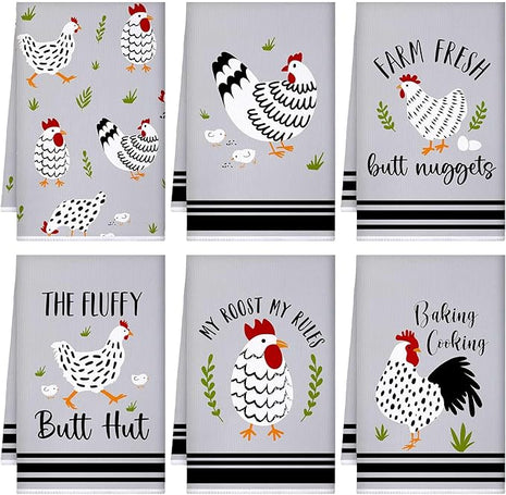 Boyiee Set of 6 Farm Chickens Kitchen Towels Farmhouse Absorbent Dish Tea Towels Rustic Country Rooster 24 x 16 Inches Gifts Chickens Hand Washcloth Gifts for Kitchen Bathroom Decorations