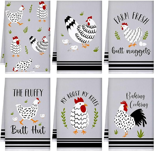 Boyiee Set of 6 Farm Chickens Kitchen Towels Farmhouse Absorbent Dish Tea Towels Rustic Country Rooster 24 x 16 Inches Gifts Chickens Hand Washcloth Gifts for Kitchen Bathroom Decorations