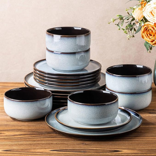 LeRATIO Ceramic Dinnerware Set of 4, Poreclain Plates, Bowls, Handmade Reactive Glaze Dishes, Chip Resistant, Oven & Dishwasher Safe, Service for 4-Gray White