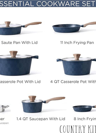 Country Kitchen Non-Stick Cast Aluminum Cookware Set - Durable Kitchen Cookware for Everyday Cooking, Navy, 11 Pc.