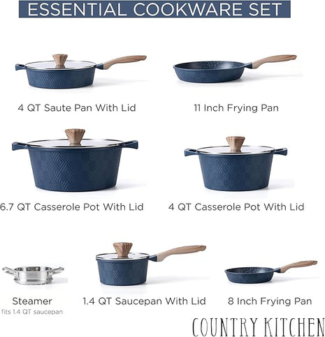 Country Kitchen Non-Stick Cast Aluminum Cookware Set - Durable Kitchen Cookware for Everyday Cooking, Navy, 11 Pc.