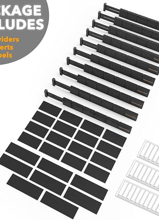 SpaceAid Bamboo Drawer Dividers with Inserts and Labels, Kitchen Adjustable Drawer Organizers, Expandable Organization for Home, Office, Dressers, 10 Dividers with 24 Inserts (17"-22" Black)