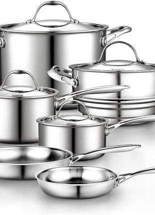 Cooks Standard Stainless Steel Kitchen Cookware Sets 10-Piece, Multi-Ply Full Clad Pots and Pans Cooking Set with Stay-Cool Handles, Dishwasher Safe, Oven Safe 500°F, Silver