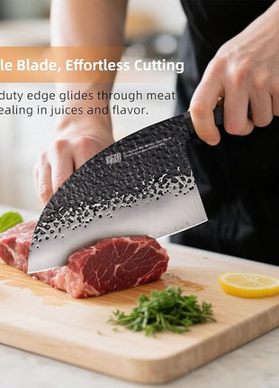 FINDKING Dynasty Series Serbian Chefs Knife with Leather Sheath, Heavy Duty Meat Cleaver, 9Cr18MoV High Carbon Steel Blade, African Rosewood Octagonal Handle, for Meat, Chicken Bones, 6.5 Inches