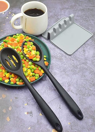 2PCS Silicone Nonstick Spoons, Heat Resistant, BPA Free, Ergonomic, Long Handle, Wide Bowl, Black