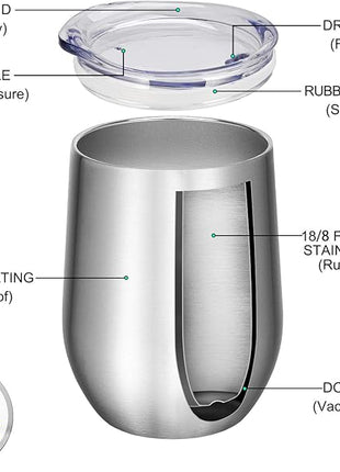VEGOND Wine Tumblers Bulk 12 Pack, 12oz Stainless Steel Stemless Wine Glass with Lids and Straws, Double Wall Vacuum Insulated Tumbler Cup, Coffee Mug for Cold Hot Drinks