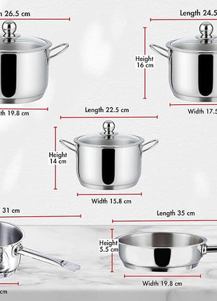 Vinod Stainless Steel Induction Friendly Tuscany Set 5 Pieces - Saucepan (14 cm/1.3 Litre), 3 Cassseroles (14 cm,16 cm & 18 cm/1.3,2 & 2.8 Litre), Frypan (18 cm) & 3 Glass Lids