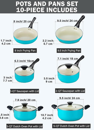 Cook N Home 10-Piece Ceramic Nonstick Cookware Set - Pots, Pans, Dutch Oven, Saucepans, Frying Pans and Lids - Turquoise