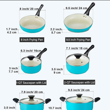 Cook N Home 10-Piece Ceramic Nonstick Cookware Set - Pots, Pans, Dutch Oven, Saucepans, Frying Pans and Lids - Turquoise