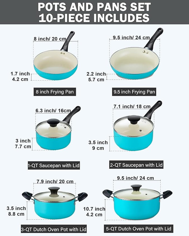 Cook N Home 10-Piece Ceramic Nonstick Cookware Set - Pots, Pans, Dutch Oven, Saucepans, Frying Pans and Lids - Turquoise