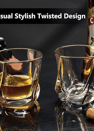 GLASKEY Crystal Whiskey Glasses Set of 2 with 24K Gold Rim,Bar Glasses,Twisted Whiskey Glass Gold Collection for Bourbon,Scotch and Wine,Rock Barware for Men Gift - 8oz