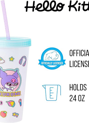 Silver Buffalo Sanrio Hello Kitty and Friends Sticker Design Featuring Kuromi, Keroppi, My Melody, and Hello Kitty 4 Pack Color Changing Plastic Tumbler Set with Glitter Straw, 24 Ounces