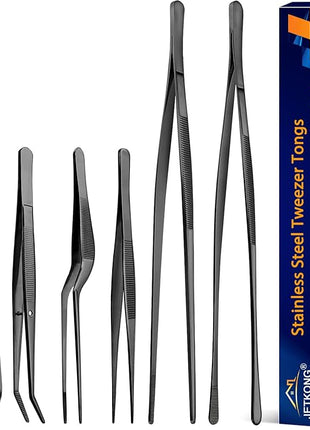JETKONG 6 Pcs Cooking Tweezer Tongs, 12'' and 6.3" Stainless Steel Kitchen Tweezer Set, Professional Chef Tweezers for Cooking, Repairing, Sea Food, BBQ, Multi-use (Black)
