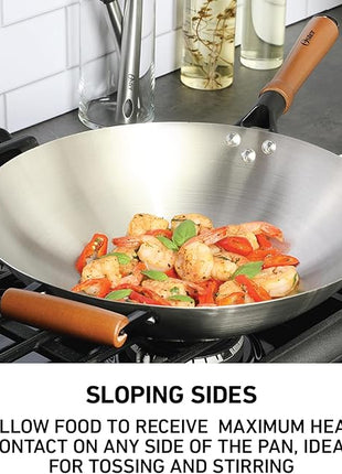 Oster Sangerfield 14-Inch Stainless Steel Wok With Wood Handles, Durable Non-Stick Stir Fry Pan for Gas and Electric Stovetops