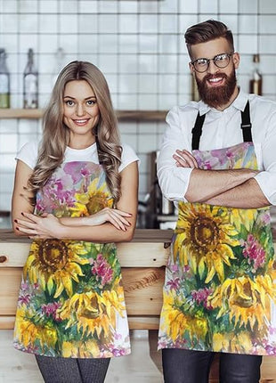 EKOBLA Sunflowers Aprons Abstract Bright Colored Floral Handmade Romantic Bouquet Nature Waterproof Resistant Chef Cooking Kitchen BBQ Adjustable Aprons for Women Men 27x31 Inch