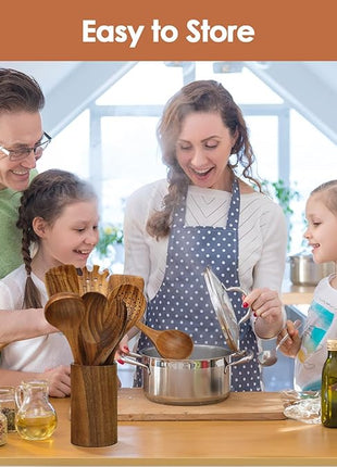 comfoyar Teak Wooden Spoons for Cooking, 7 Pieces Kitchen Cooking Utenails Set with Spatula and Ladle, Heat Resistant Kitchen Cookware for Nonstick Pan