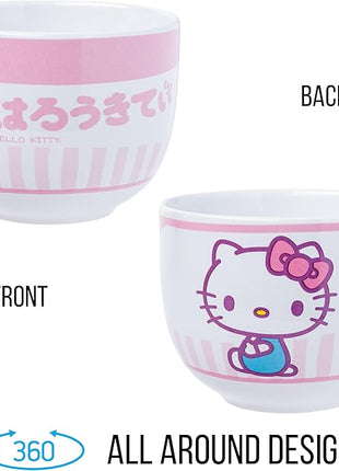 Silver Buffalo Sanrio Hello Kitty Pink Stripes Ceramic Ramen Bowl with Chopsticks, 20 Ounces