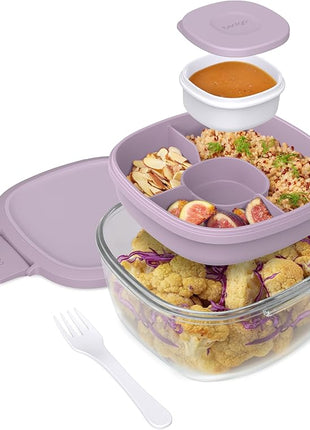 Bentgo Glass All-in-One Salad Container - Large 61-oz Salad Bowl with Lid, 4-Compartment Bento-Style Tray, 3-oz Sauce Container, and Reusable Fork - Dishwasher, Microwave, and Oven Safe (Lavender)
