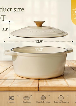 Overmont Enameled Cast Iron Dutch Oven - 7QT Pot with Lid Cookbook & Cotton Potholders - Heavy-Duty Cookware for Braising, Stews, Roasting, Bread Baking Cream White