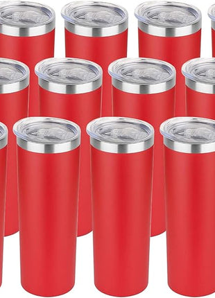 HASLE OUTFITTERS 20 oz Skinny Tumblers Bulk Set, Stainless Steel Insulated Slim Tumblers with Lids, Reusable Double Wall Travel Coffee Mugs, Durable Powder Coated Travel Water Cups(Red, 12)
