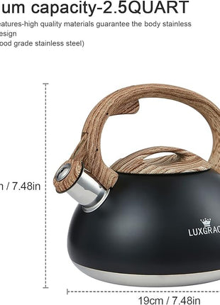 s-p Whistling Tea Kettle Stainless Steel Teapot, Teakettle for Stovetop Induction Stove Top, Fast Boiling Heat Water Tea Pot 2.2 Quart(Black)