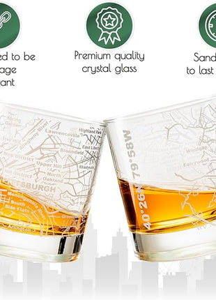 Greenline Goods Whiskey Glasses - 10 Oz Tumbler Gift Set for Pittsburgh lovers, Etched with Pittsburgh Map | Old Fashioned Rocks Glass - Set of 2