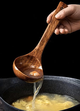 FJNATINH Wooden Soup Ladle with Long Handle Handmade Wooden Spoons for Cooking Kitchen Cookware Utensil