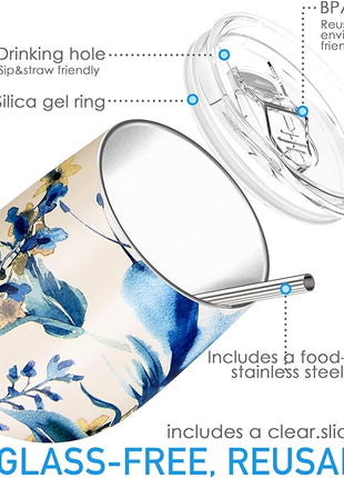 THILY Stainless Steel Insulated Wine Tumbler Stemless Wine Glass with Sliding Lid and Straw, Keep Coffee or Cocktails Cold, Cute Gifts for Women, 2 Pack(Iridaceae+Orchid)