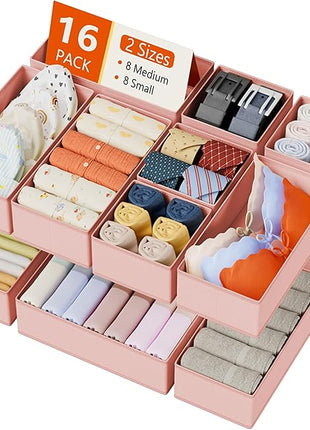 DIMJ Drawer Organizers Clothes, Set of 16 Dresser Organizer Bins, Fabric Closet Organizers and Storage, Shallow Drawer Dividers for Nursery, Clothing, Baby Clothes, Socks, Underwears, Tie (Pink)
