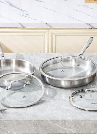 DELARLO Tri-ply Stainless Steel Frying Pan Set with Lid 8" 10" Induction large Skillets Chef's Pan,Pots and Pans Set Kitchen Cookware Set Suitable for All Stove