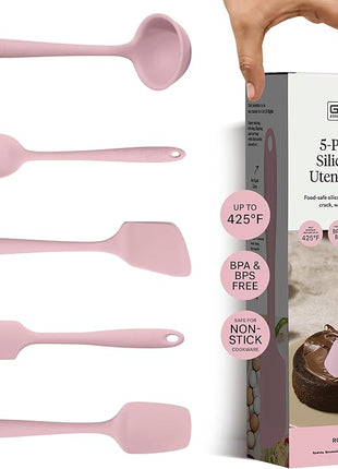 GIR: Get It Right - 5 Piece Essentials All Purpose Set - Ladle, Spatula, Flip, Spoon & Spoonula, Non-stick, Heat Resistant, Dishwasher Safe, Kitchen Utensils, Baking Supplies - Rose