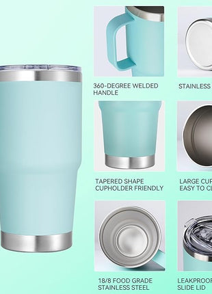 20 oz Stainless Steel Tumbler with Handle Bulk Metal Insulated Tumblers Travel Coffee Mug with Handle Double Wall Tumbler Cup with Lid and Straw, Mint Green 6 Pack