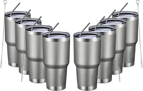 MEWAY 30oz Insulated Tumbler With Lids and Straws,Stainless Steel Double Vacuum Coffee Tumbler Cup, Brush, Durable Powder Coated Coffee Cup for Cold & Hot Drinks(Cold Grey,8 PACK)