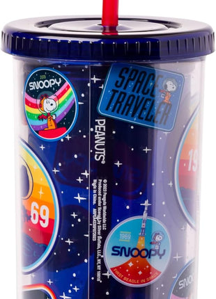 Silver Buffalo Peanuts Space Traveling Patches Featuing Snoopy Plastic Tall Cold Cup with Lid and Straw, 20 Ounces