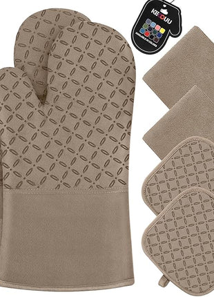 KEGOUU Oven Mitts and Pot Holders 6pcs Set, Kitchen Oven Glove High Heat Resistant 500 Degree Extra Long Oven Mitts and Potholder with Non-Slip Silicone Surface for Cooking (Khaki)