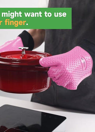 GEEKHOM BBQ Gloves Heat Resistant Oven Mitts - Silicone Grilling Gloves with 13.7" Arm Protection - Waterproof Pot Holder Non-Slip for Men & Women, Kitchen Outdoor Cooking, Baking, Camping, Pink