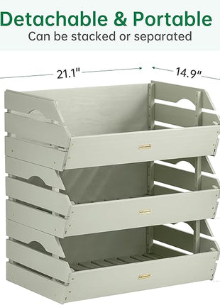 HABAU Wood Potato Onion Storage Bins - Wooden Stackable Produce Basket - Fruit Vegetable Storage for Kitchen Pantry Organization, Set 3 Pieces