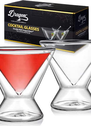 Dragon Glassware Stemless Martini Glasses - 7 oz Clear Set of 2 - Double Wall Insulated Cocktail Glass Set - Unique and Fun Gift for Espresso Martini Lovers