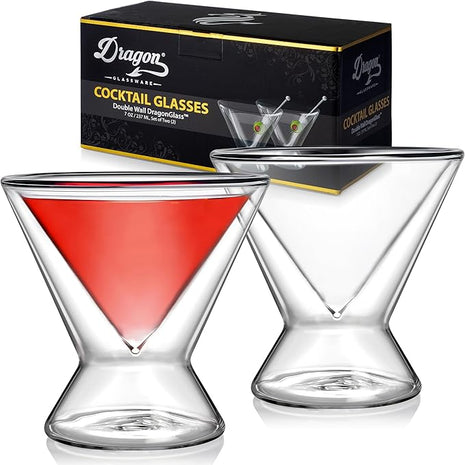 Dragon Glassware Stemless Martini Glasses - 7 oz Clear Set of 2 - Double Wall Insulated Cocktail Glass Set - Unique and Fun Gift for Espresso Martini Lovers