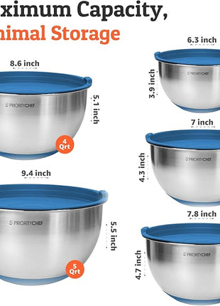 Priority Chef Premium Mixing Bowls With Airtight Lids Set, Thicker Stainless Steel Mixing Bowl Set, Large Prep Metal Bowls with Lids, Nesting Bowls for Kitchen, 1.5/2/3/4/5 Qrt, Blue