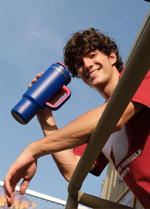 ENCOOL 40 oz Tumbler with Handle and Straw: Stainless Steel Insulated Tumbler Keeps Cold for 24 Hours, Leakproof Travel Cup Fits in Cup Holder and BPA-Free,Beaucoup Blue