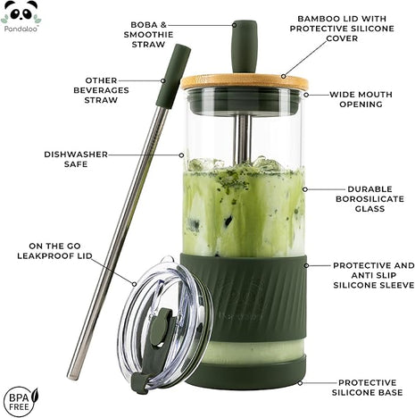 Pandaloo® Glass Cups With Lids and Straws -20 Fl Oz- Perfect Size Iced Coffee Cup - Smoothie Cup With Bamboo Lid and On the go Lid - (2 Count (Pack of 1), Black Saphir-Mediterranean Olive)