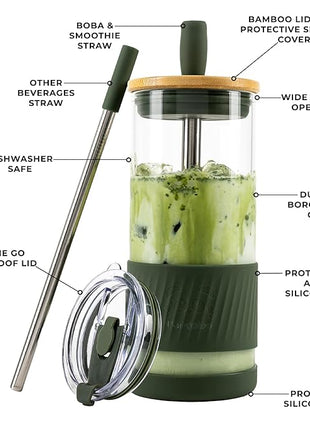 Pandaloo® Glass Cups With Lids and Straws -20 Fl Oz- Perfect Size Iced Coffee Cup - Smoothie Cup With Bamboo Lid and On the go Lid - Glass Tumbler With Straw (1 Count (Pack of 1), Mediterranean Olive)