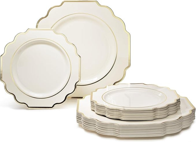 " OCCASIONS " 50 Plates Pack (25 Guests)-Heavyweight Wedding Party Disposable Plastic Plate Set -(25x10.5'' Dinner + 25x8'' Salad/Dessert) (Imperial Ivory & Gold)