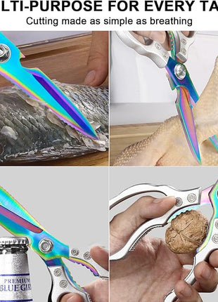 CGBE Kitchen Scissors, Multi-Purpose Kitchen Shears, Heavy Duty Dishwasher Safe Food Scissors for Chicken, Poultry, Fish, Meat & Herbs with Non-Slip Grips - Sliver Colorful