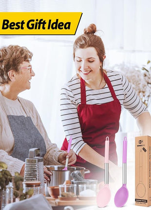 Pack of 2 Large Silicone Cooking Spoon Non Stick Solid Basting Spoons Heat-Resistant Kitchen Utensils for Mixing Serving (Pink-Purple)